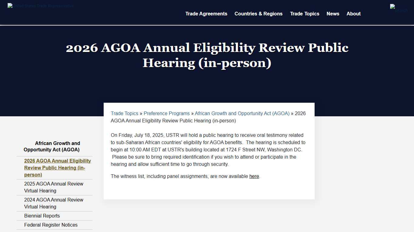 2026 AGOA Annual Eligibility Review Public Hearing (in-person) United States Trade Representative